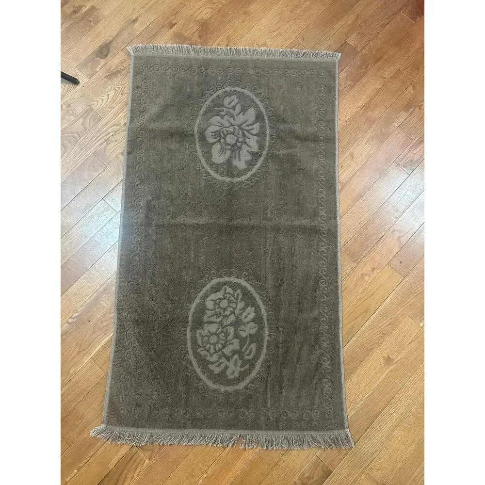 Vintage 1970s Brown Floral Fringed Bath Towel